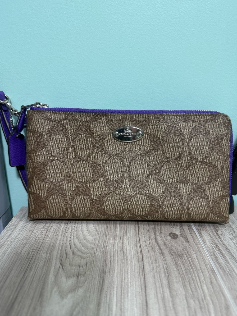 Coach Brown Signature Canvas Wristlet with Purple Trim